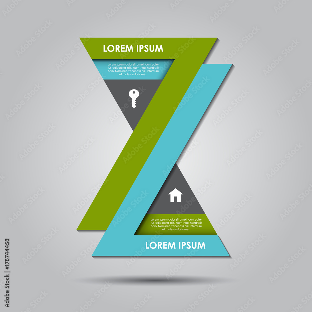 Poster hourglass style infograph design with key and house icon for building and property presentations. ve