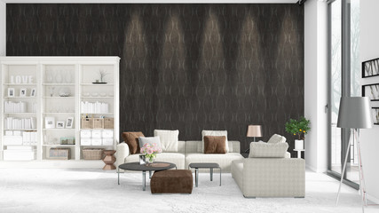Scene with brand new interior in vogue with white rack and modern grey sofa. 3D rendering. Horizontal arrangement.