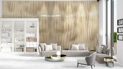 Scene with brand new interior in vogue with white rack and modern grey sofa. 3D rendering. Horizontal arrangement.