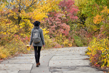 Fototapeta premium Girl in a hat walking in the autumn park. Bright foliage. Back view