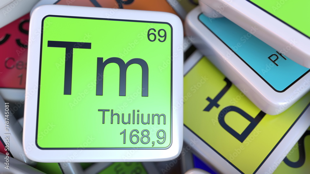 Aufkleber thulium tm block on the pile of periodic table of the chemical elements blocks. 3d rendering