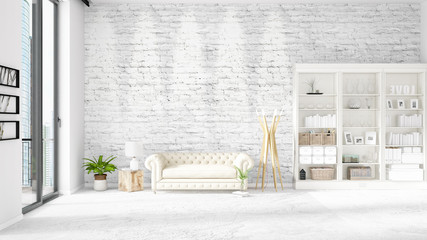 Modern loft interior in vogue with white couch and copyspace in horizontal arrangement. 3D rendering.