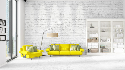 Scene with interior in vogue with white rack and yellow couch. 3D rendering, 3D illustration. Horizontal arrangement.