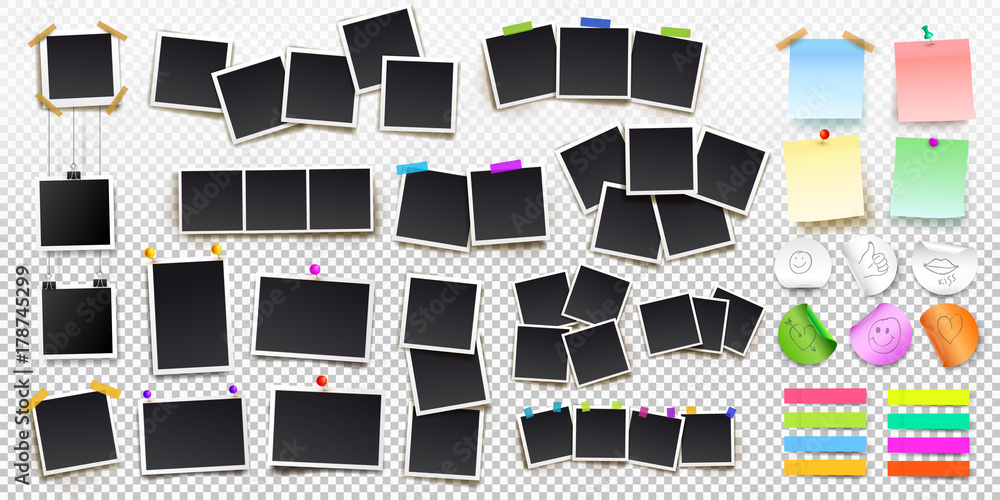 Poster big set of square vector photo frames on sticky tape, pins and rivets, and office paper sheets or st