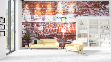 Scene with interior in vogue with white rack and yellow couch. 3D rendering, 3D illustration. Horizontal arrangement.