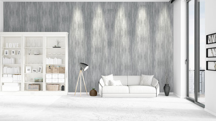 Modern interior in vogue with white couch and copyspace in horizontal arrangement. 3D rendering.