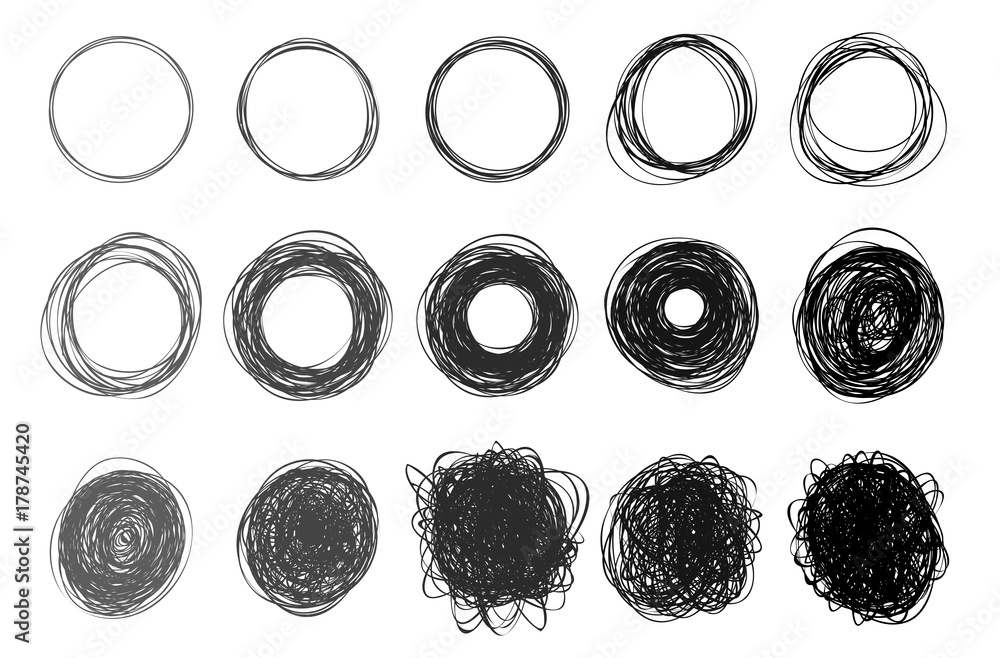 Poster set of hand drawn circles using sketch drawing scribble circle lines. freehand drawing. doodle circu
