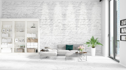 Scene with brand new interior in vogue with white rack and modern grey sofa. 3D rendering. Horizontal arrangement.