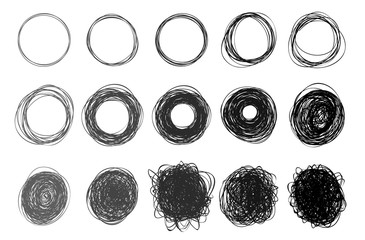 Set of hand drawn circles using sketch drawing scribble circle lines. Freehand drawing. Doodle circular logo elements. Vector illustration. Isolated on white background - obrazy, fototapety, plakaty