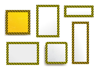 Set of warning striped rectangular background, yellow and black stripes on the diagonal, warning to be careful potential danger template sign border. Construction warning border. Vector illustration