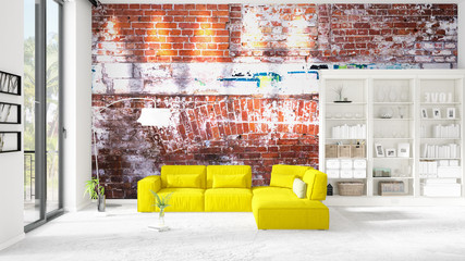 Scene with interior in vogue with white rack and yellow couch. 3D rendering, 3D illustration. Horizontal arrangement.