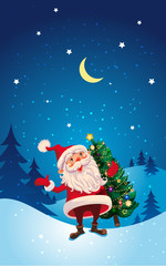 Christmas. Cute cartoon Santa Claus with christmas tree. Winter landscape. Greeting card. Poster.