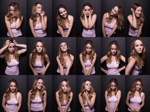 Set of photos with funny blonde woman on a black studio background