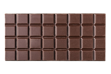 Bitter, dark chocolate bar isolated on white background, top view