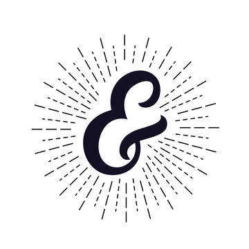 Elegant Hand Written Ampersand With Light Rays, Sunburst.