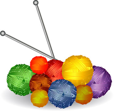 Nine balls of multicolored yarn, thread, stuck knitting needles