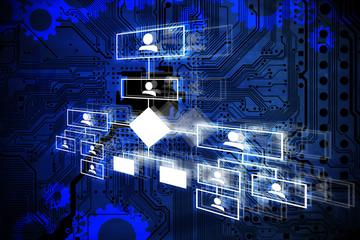 Human resources flow chart on computer motherboard background, abstract illustration