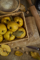 A lot of apple quince  with kitchenware,  preparing for quince pie on sackcloth rustic background. top view.