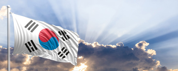 South Korea flag on blue sky. 3d illustration