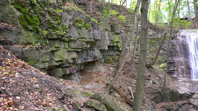 The epic 17 metre high curtain waterfall found in Ancaster Heights, Sherman Falls aka Smith's Falls and Whitton Falls. Steady establishing left to right pan shot in 4K, Hamilton, Ontario, Canada