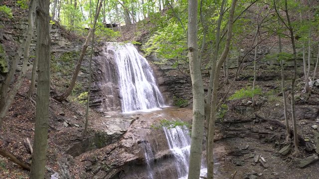 The epic 17 metre high curtain waterfall found in Ancaster Heights, Sherman Falls aka Smith's Falls and Whitton Falls. Shaky hand held shot in 4K, Hamilton, Ontario, Canada