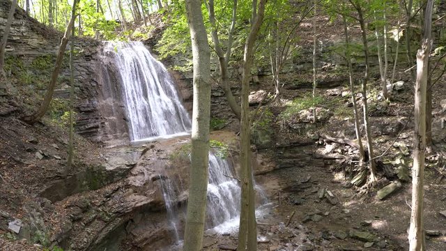 The epic 17 metre high curtain waterfall found in Ancaster Heights, Sherman Falls aka Smith's Falls and Whitton Falls. Static, shot in 4K, Hamilton, Ontario, Canada