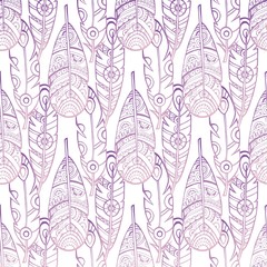 Seamless Ethnic feathers. Tribal Feathers Vintage Pattern. Hand Drawn Doodles. Vector illustration on white background.
