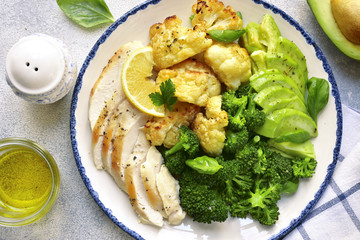 Grilled chicken breast with vegetables.Top view.