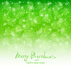 Text Merry Christmas and Happy New Year on green snowy background