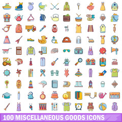 100 miscellaneous goods icons set, cartoon style 