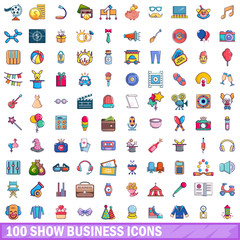 100 show business icons set, cartoon style 