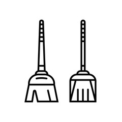 Broom and dust pan flat line icons. Broomstick and scoop vector