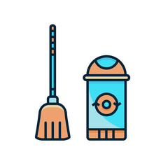 Broom and trash can flat line colorful icons on isolated background. Vector illustration of sweeping tool and garbage bucket. Pictogram for home and office cleaning service.