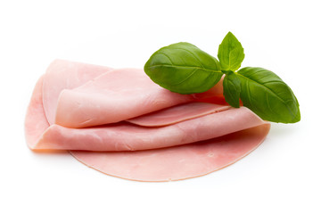 Sliced boiled ham sausage isolated on white background, top view.