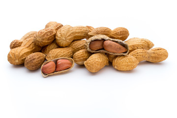 Dried peanuts on the white background.