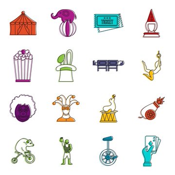 Circus entertainment icons doodle set