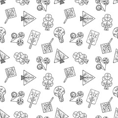 Vector hand drawn seamless pattern, decorative stylized childish trees. Doodle style, tribal graphic illustration. Ornamental cute hand drawing Series of doodle, cartoon, sketch seamless patterns