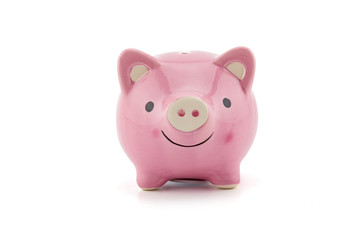 pink ceramic piggy bank isolated on white background, clipping part