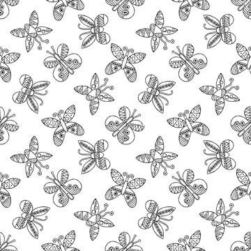 Vector hand drawn seamless pattern, decorative stylized childish butterflies. Doodle style, tribal graphic illustration Cute hand drawing Series of doodle, cartoon, illustrations
