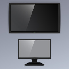 Realistic TV screen lcd, plasma isolated on gray background. Vector illustration. 