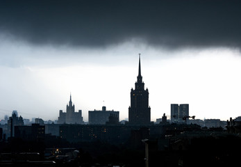 Fototapeta na wymiar Stalin skyscrapers in Moscow in the storm