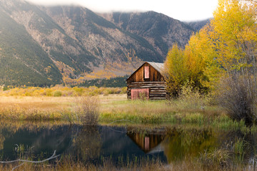 An old rusty abandoned wooden barn by the yellow aspen trees and its reflection on the small pond. Foggy mountain in autumn fall foliage season in the background.