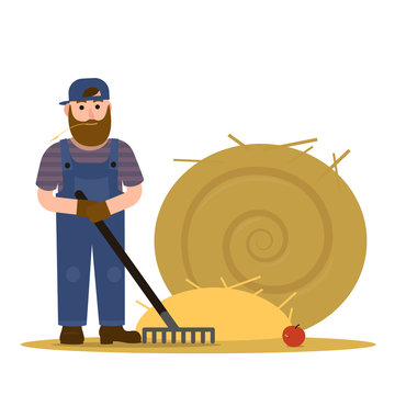 Farmer Redneck With Beard In Overalls And Baseball Cap Hat Working With Rake And A Round Sheaf Of Hay. Vector Illustration, Flat Cartoon