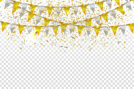 Vector realistic isolated party flags and golden confetti for decoration and covering on the transparent background. Concept of birthday, holiday and celebration.