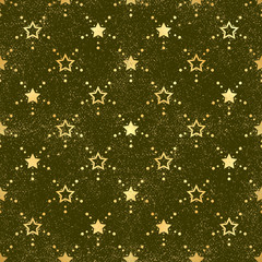 Gold star seamless pattern. Abstract dark modern seamless pattern with gold confetti stars. Shiny background. Texture of gold foil.