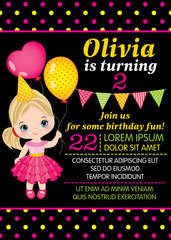Vector Birthday Card Template with Cute Little Girl