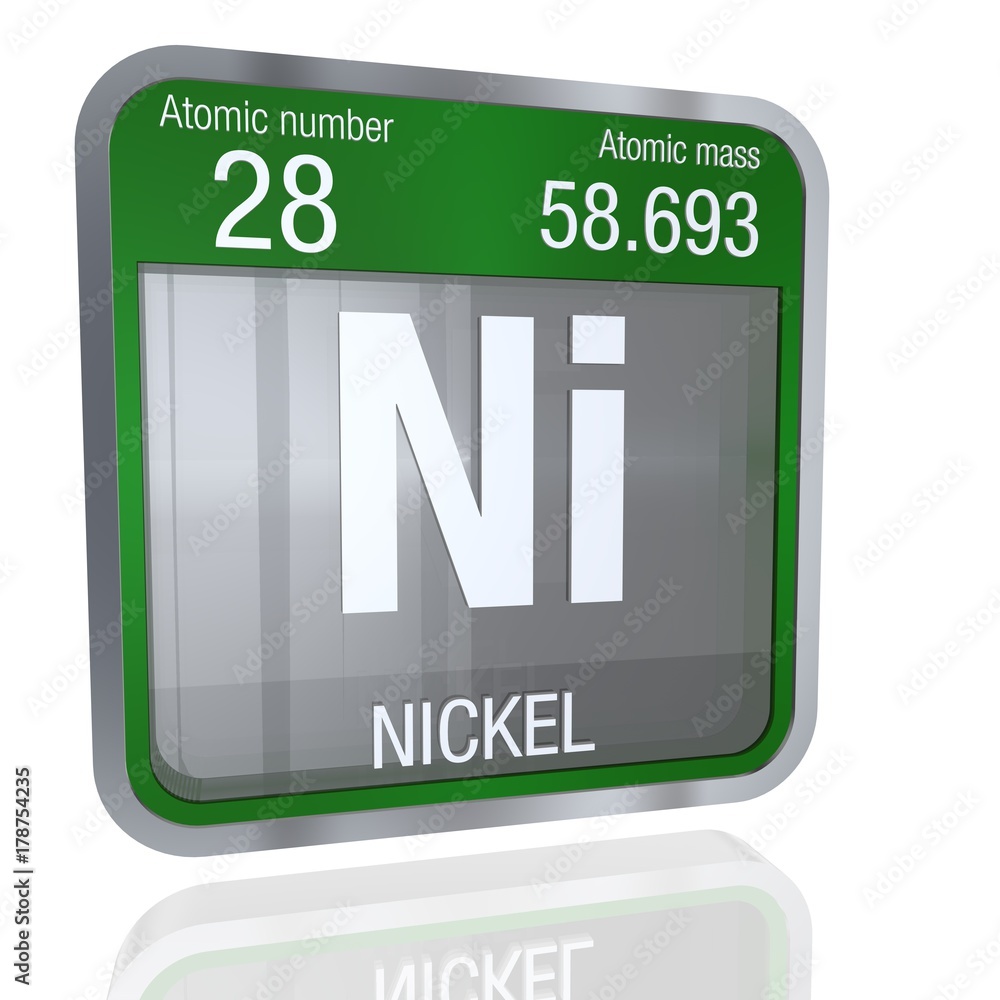 Poster Nickel symbol  in square shape with metallic border and transparent background with reflection on the floor. 3D render. Element number 28 of the Periodic Table of the Elements - Chemistry - Posters