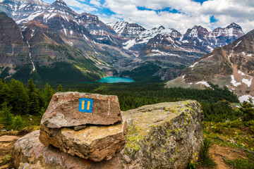 Alpine Route marker from Odaray highline trail overlooking Lake O'Hara