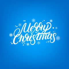 Fototapeta na wymiar Merry Christmas hand written lettering design. Falling snoy and snowflakes.
