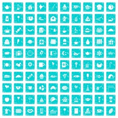 100 tea party icons set grunge blue